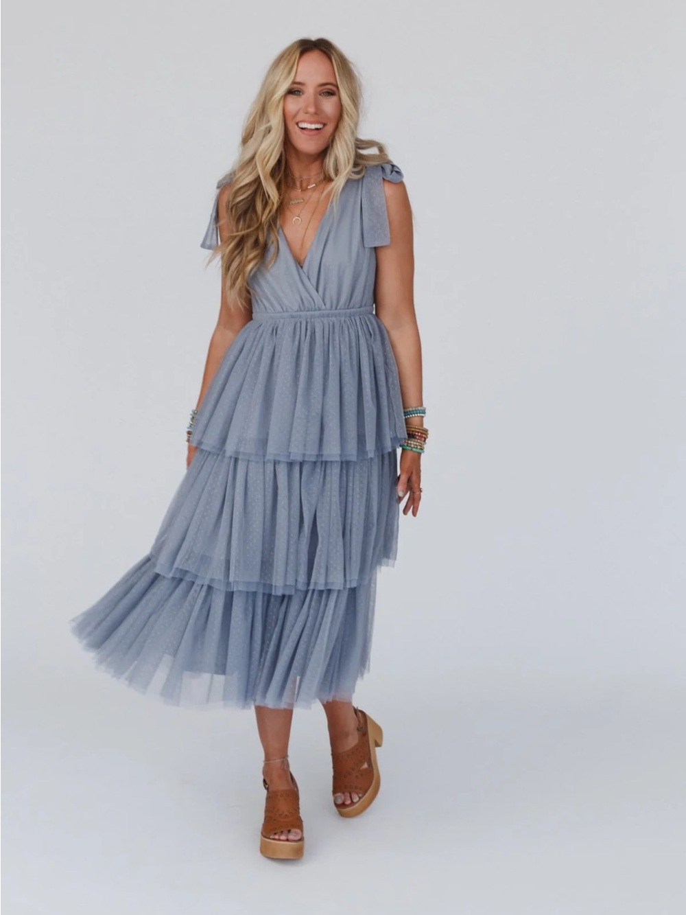Three Bird Nest Dusty Blue Tiered Tulle Midi Dress with Tie Straps